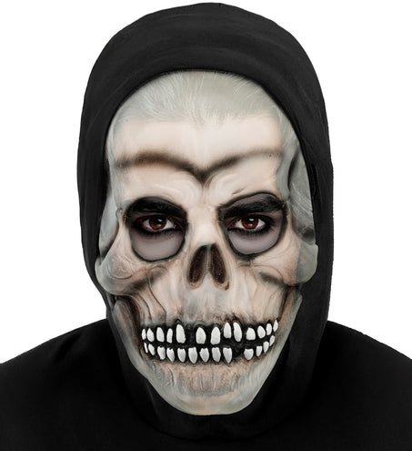 Heren schedelmasker met capuchon gedragen, open oogkassen en dubbele rij witte tanden