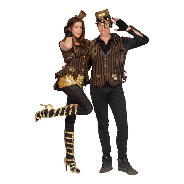 Heren steampunk gilet Stanley met gouden knopen en zakhorloge als duolook voor carnaval