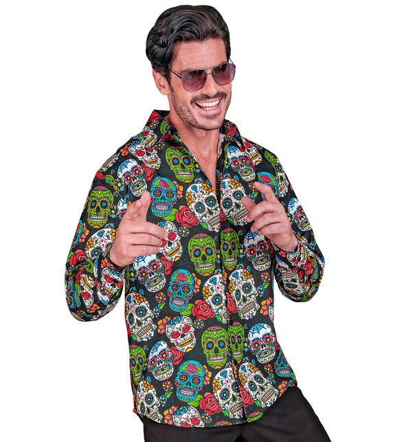 Herenshirt met calavera print in groen, turquoise en rood, mouwen en kraag volledig bedrukt