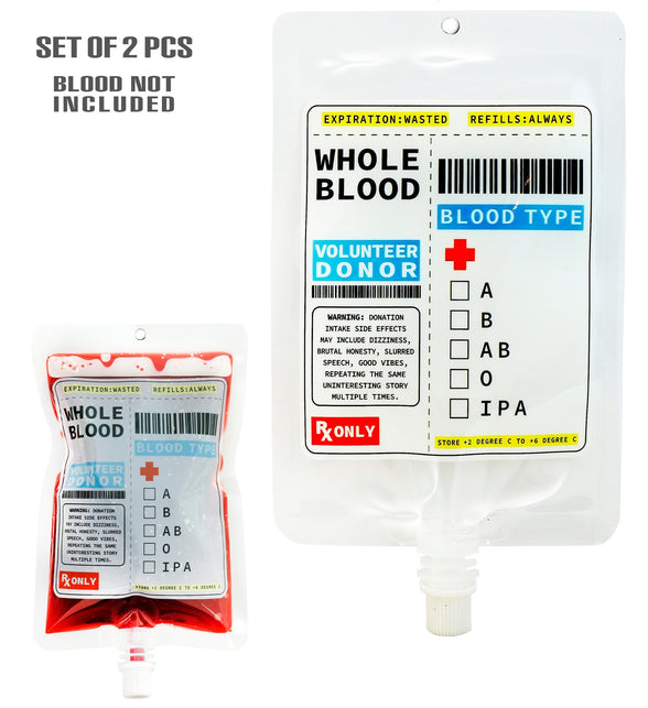 Heupfles bloedzak set van 2, doorzichtig zakje en gevuld rood zakje met whole blood-label