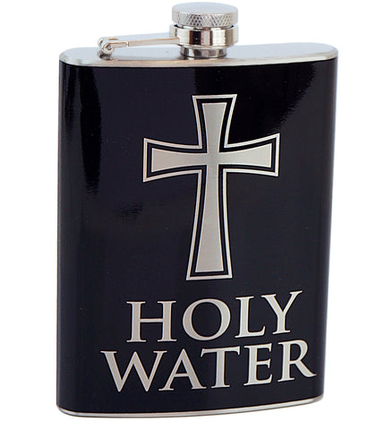 Heupfles Holy Water zwart staal met zilverkleurig kruis en schroefdop aan beugel