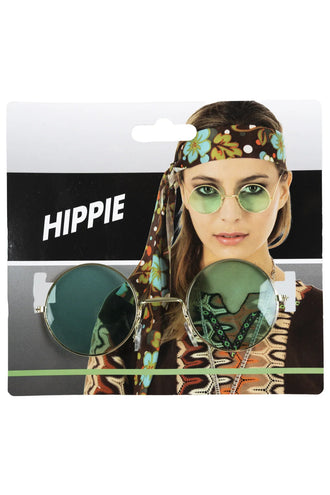 Hippiebril met goudkleurig montuur en ronde groene glazen op kaart, voor een jaren 60-feest