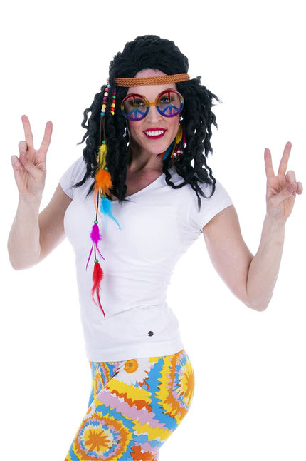 Hippieset 3-delig met regenboog peace-bril, gevlochten hoofdband met veren en kraaltjes voor een jaren 60-feest
