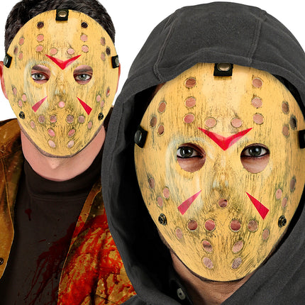 Hockeymasker killer gedragen door twee heren, los op het gezicht en onder een zwarte capuchon