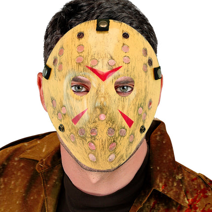 Hockeymasker killer op het gezicht met rode V-vorm op het voorhoofd en verweerde afwerking