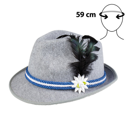 Hoed bierfeest blauw met blauw-wit gedraaid koord, witte edelweiss en hoofdomtrek 59 cm