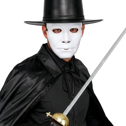 Hoed eco leer zwart met wit gezichtsmasker en zwarte cape voor verkleedfeest