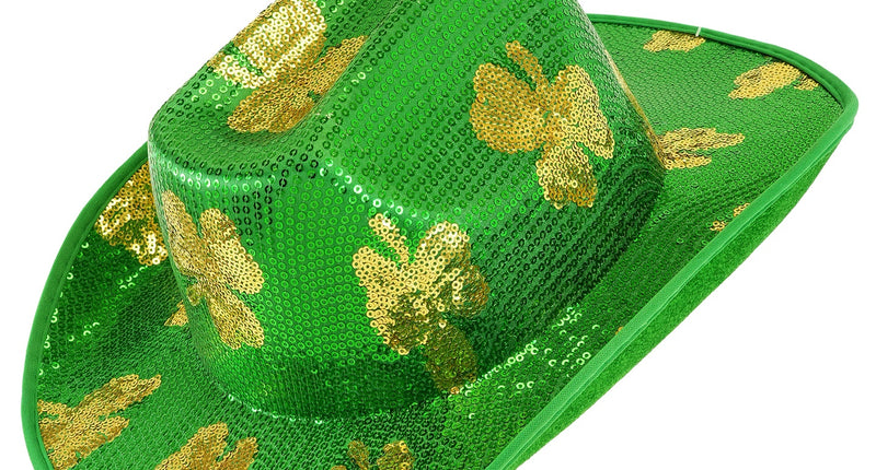 Hoed St. Patrick's Day pailletten in groen met gouden klaverblaadjes en brede rand