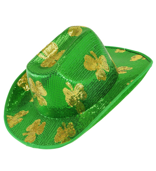 Hoed St. Patrick's Day pailletten in groen met gouden klaverblaadjes en brede rand