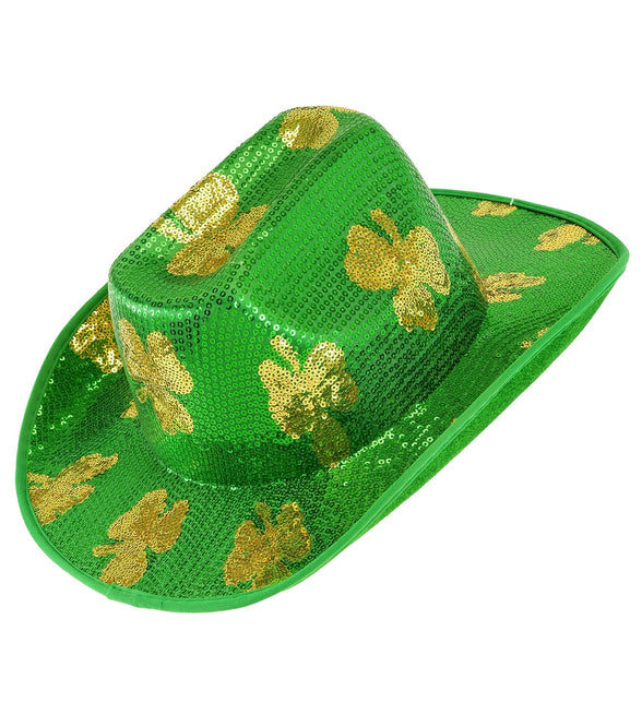 Hoed St. Patrick's Day pailletten in groen met gouden klaverblaadjes en brede rand