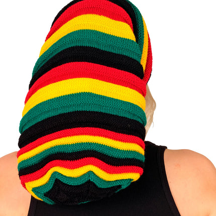 Hoed tam rasta van achteren met brede gebreide ringen in rood, geel, groen en zwart