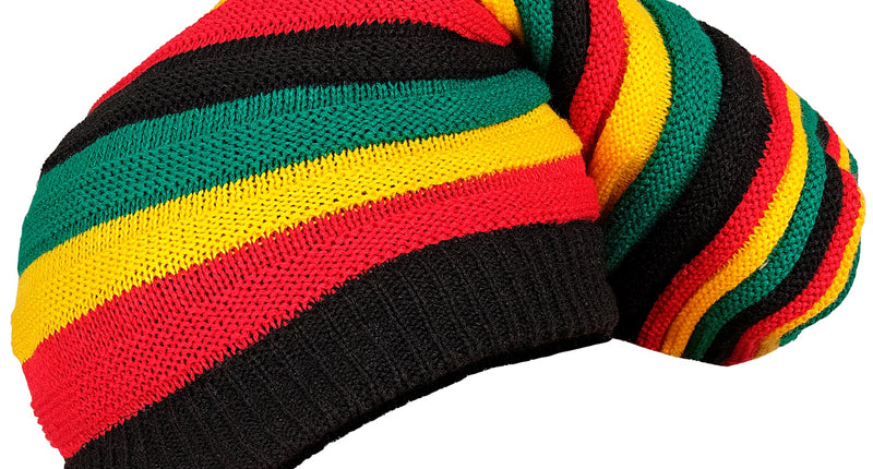Hoed tam rasta in gebreide banen rood, geel, groen en zwart met zwarte geribbelde rand