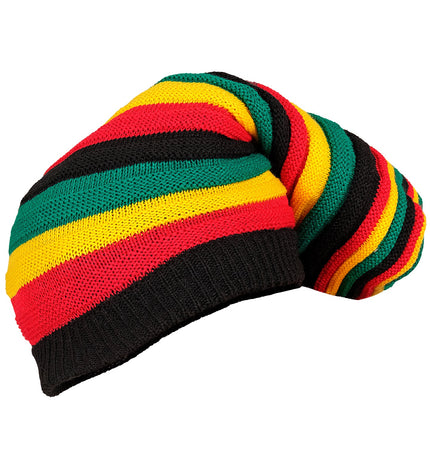 Hoed tam rasta in gebreide banen rood, geel, groen en zwart met zwarte geribbelde rand