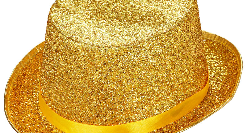 Hoge hoed goud glitter lurex met satijnen band en opgerolde rand voor carnaval