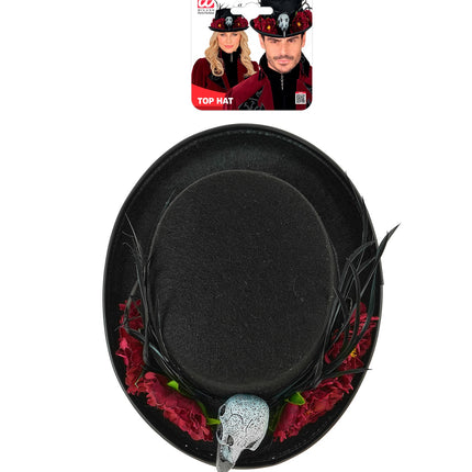 Hoge hoed voodoo van bovenaf met vlakke zwarte bol en bloemenrand rond de hoedband