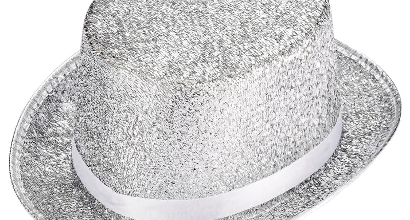 Hoge hoed zilver glitter lurex met witte band en omgeslagen rand, zilverkleurig glitterweefsel