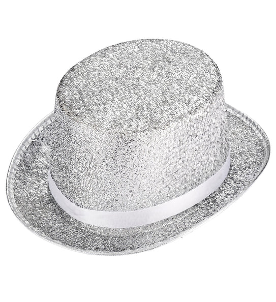Hoge hoed zilver glitter lurex met witte band en omgeslagen rand, zilverkleurig glitterweefsel
