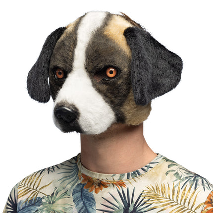 Hondenmasker Bernard van pluche, bruin-wit met zwarte flaporen, gedragen door een man op een dierenfeest