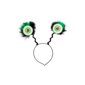 Hoofdband met alien ogen, twee oogbollen met zwart-groene pluimen op een zwarte haarband