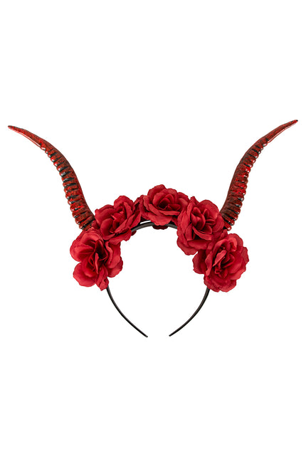 Hoofdband met hoorns rood met vijf rode rozen en spitse geribbelde hoorns op zwarte beugel