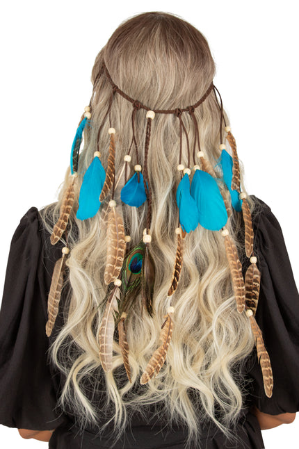Hoofdband Lanzarote met veren, achterkant met turquoise en bruine veren, kralen en pauwenveer