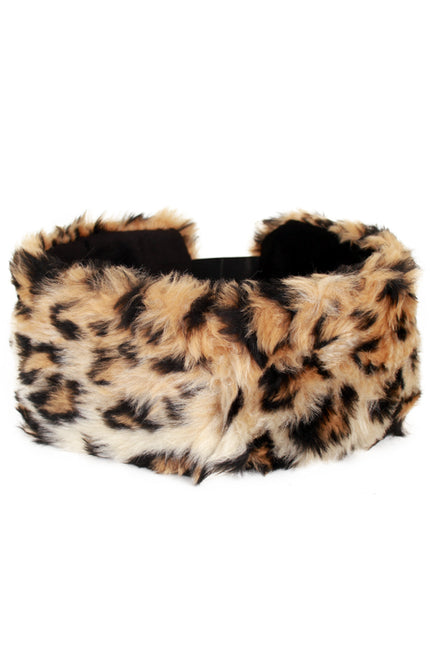 Hoofdband panter met pluizige beige-zwarte panterprint en donkere achterband, voor een themafeest