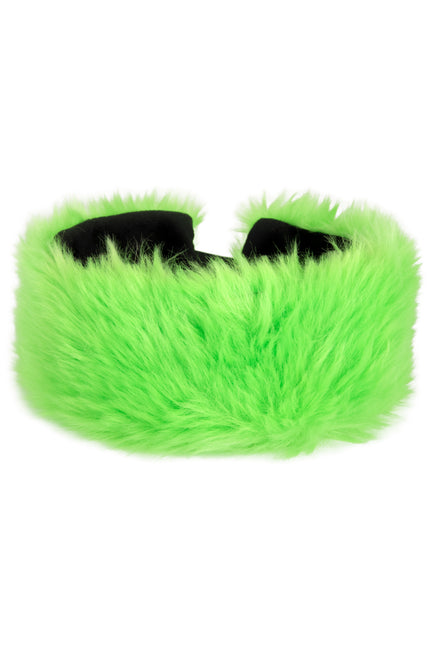 Hoofdband pluche groen met lange neongroene vacht en zwarte binnenkant voor een discofeest