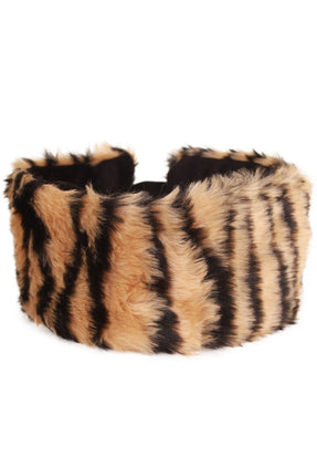 Hoofdband tijger in beige, bruin en zwart met pluizige tijgerprint voor een themafeest