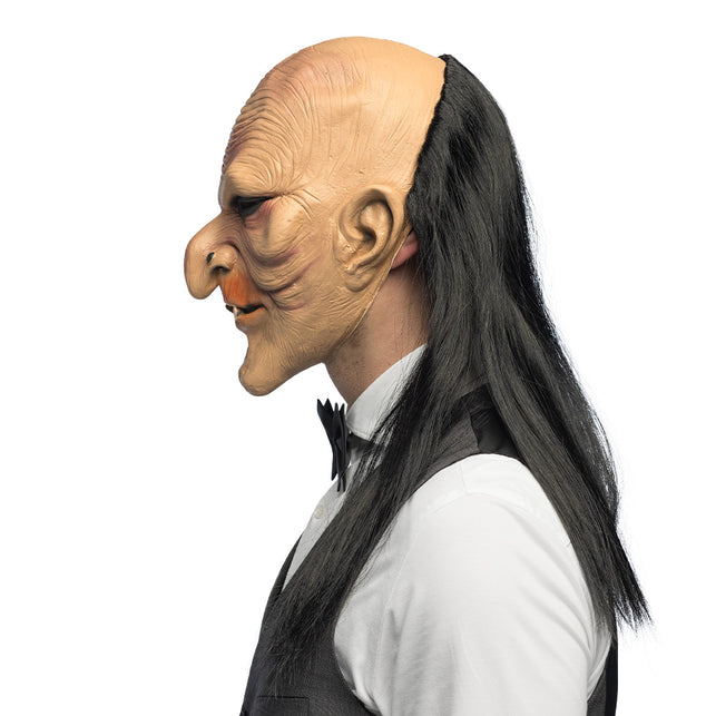 Hoofdmasker Creepy butler van opzij: haakneus, spitse oor en zwart haar tot over de schouders