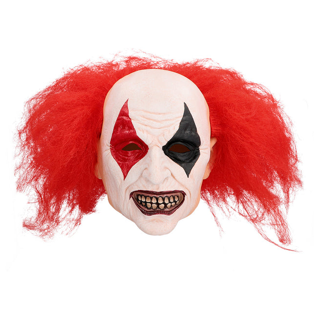 Hoofdmasker Ruddy clown vooraanzicht met grijns vol grote tanden en rimpels in het latex