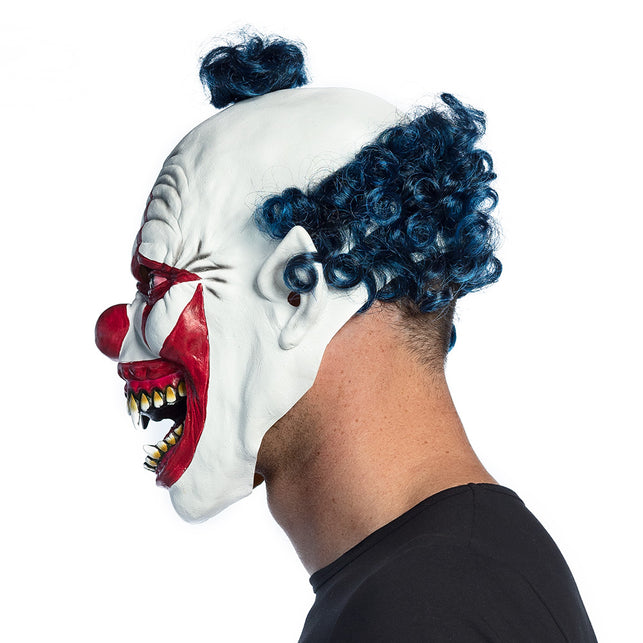 Hoofdmasker vampier clown zijkant, spitse oor en blauwe krullen tot in de nek