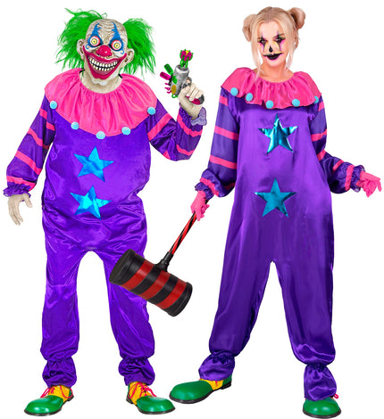 Horror clown jumpsuit Creapy in paars met roze kraag en blauwe sterren, gedragen door twee personen voor Halloween