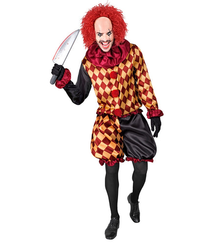 Horror clown kostuum Lars heren met rood-gouden ruitjas, bordeaux plooikraag en pofbroek voor Halloween
