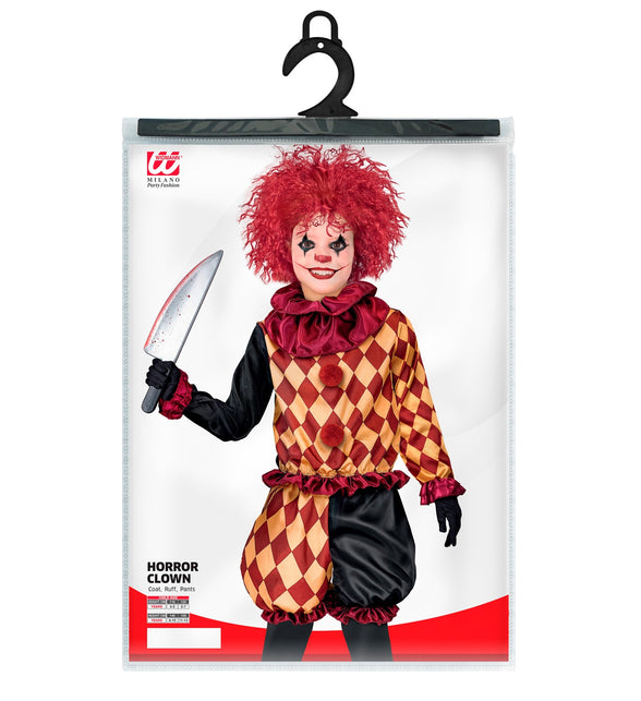 Horror clown kostuum Lars in verpakking met jas, geplooide kraag en broek in kindermaten
