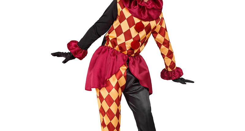 Horror clown kostuum Sara meisjes met rood-geel ruitpatroon en bordeaux plooikraag voor Halloween