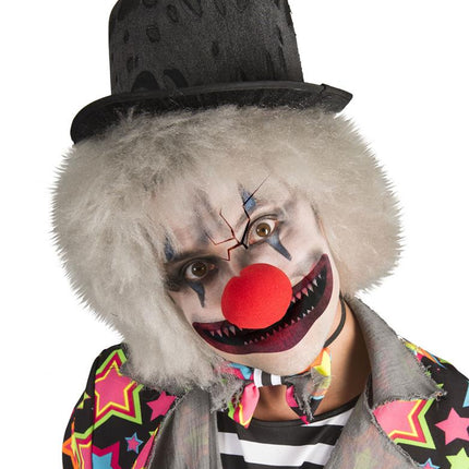 Horror clown make up-set opgemaakt: wit gezicht, blauwe ogen en grijnsmond voor Halloween