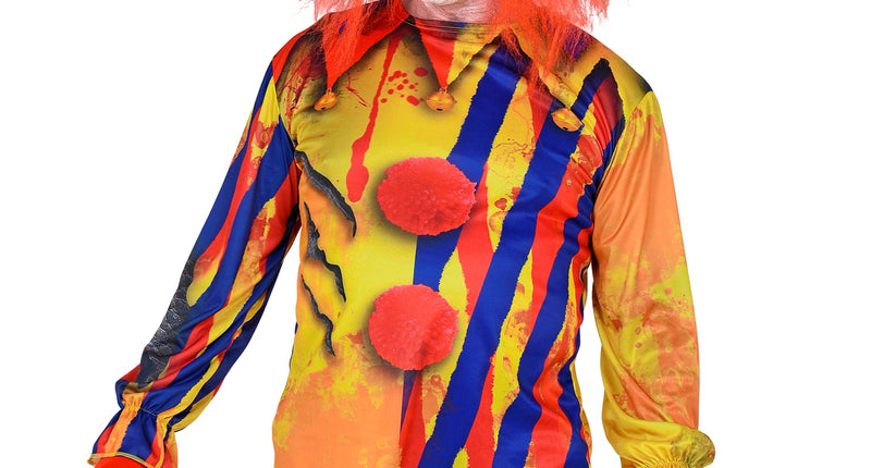 Horror clown shirt psycho in geel met blauwe en rode strepen, rode pompons en bloedspatten, voor Halloween