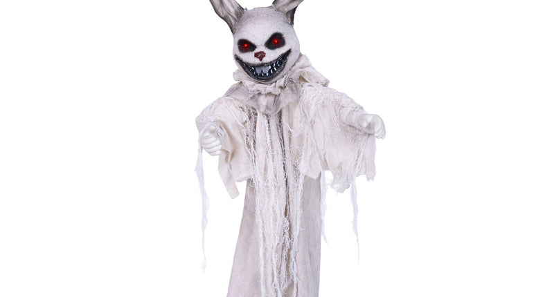 Horror konijn animatronic 110 cm in wit gerafeld gewaad met rood oplichtende ogen voor Halloween