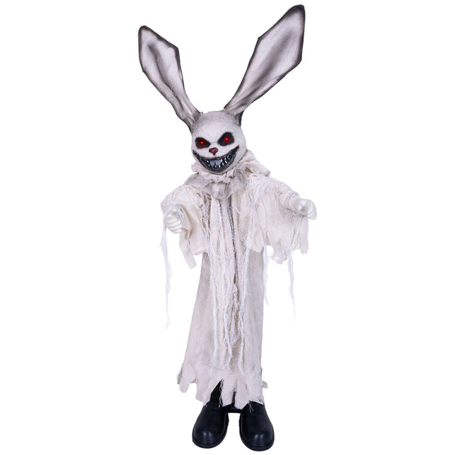 Horror konijn animatronic 110 cm in wit gerafeld gewaad met rood oplichtende ogen voor Halloween