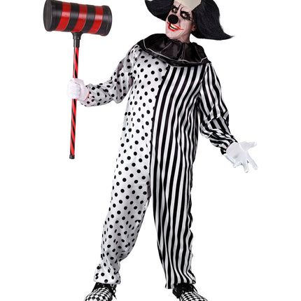 Horror pierrot pak heren gedragen met eng clownmasker en witte handschoenen