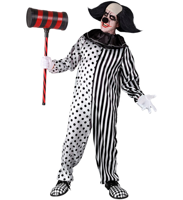 Horror pierrot pak heren gedragen met eng clownmasker en witte handschoenen