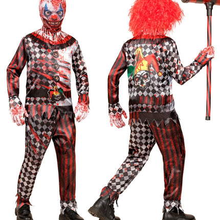 Horrorclown kostuum kind voor- en achterkant met schedelprint met narrenkap op de rug