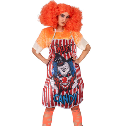 Horrorclown schort dames gecombineerd met oranje krulpruik en clownsschmink