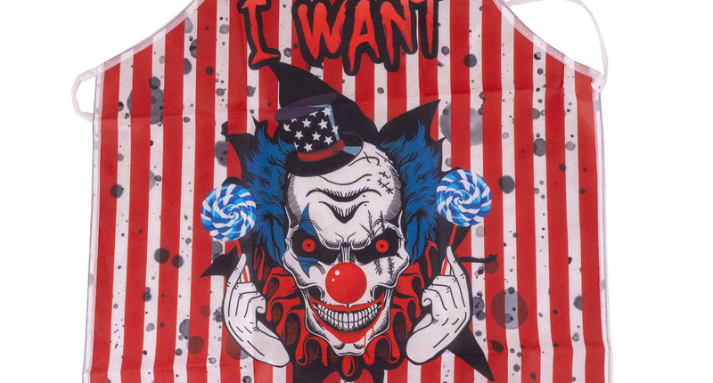 Horrorclown schort rood-wit gestreept met I want candy print en clownskop met rode neus
