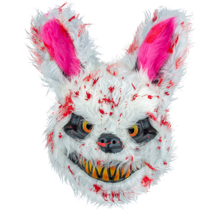 Horrorkonijn masker wit pluche met rode bloedspatten, roze oren en oranje hoektanden voor Halloween