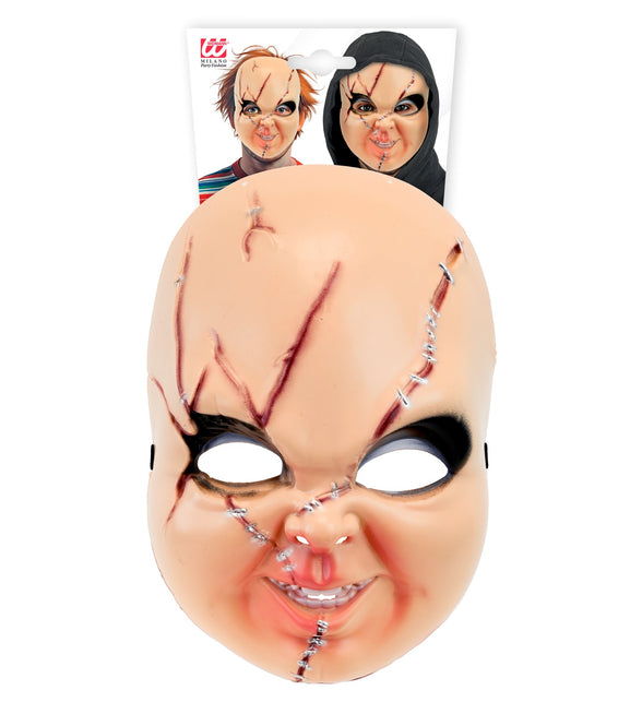 Horrorpop masker in verpakking, gezichtsmasker met snijwonden en grijnzende poppenmond