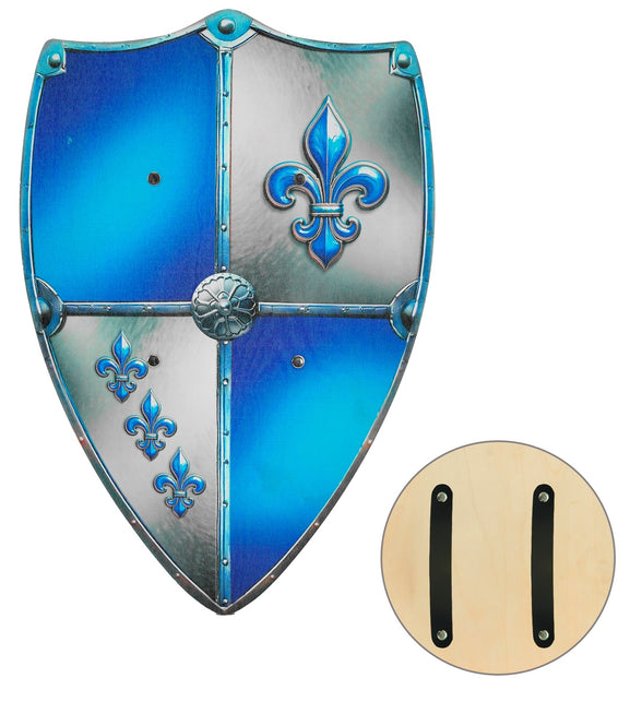 Houten ridderschild fleur-de-lis blauw met zilver, met inzet van de achterkant met twee zwarte draagbanden