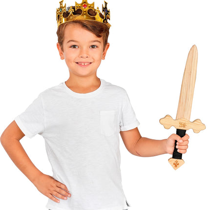 Houten ridderzwaard voor kinderen bij een koningslook, blanke kling met zwarte greep