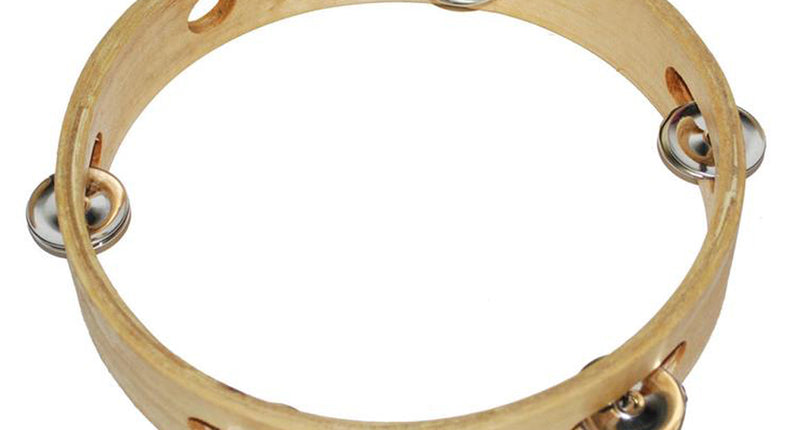 Houten tamboerijn met metalen belletjes in de rand, open frame zonder vel