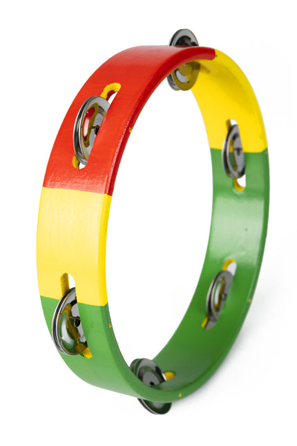 Houten tamboerijn met rode, gele en groene kleurvlakken en metalen rinkelplaatjes, schuin van voren
